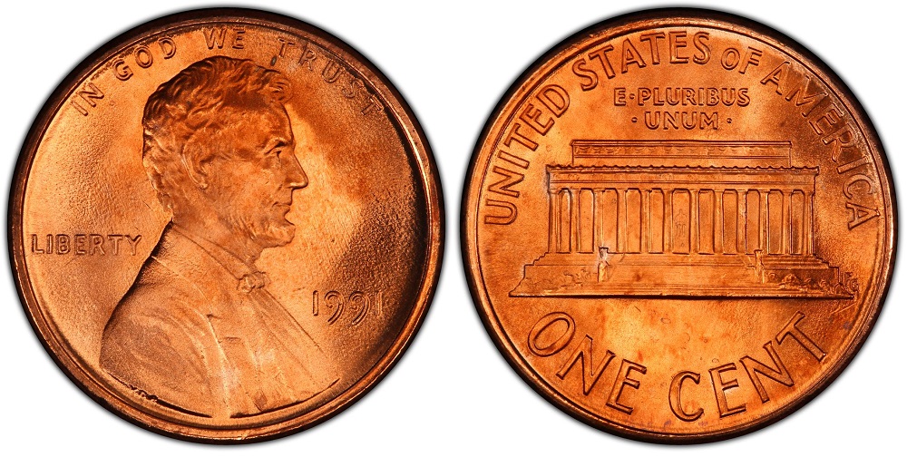 1991-D Lincoln Memorial cent obverse and reverse showing the D mint mark and copper-red RD luster