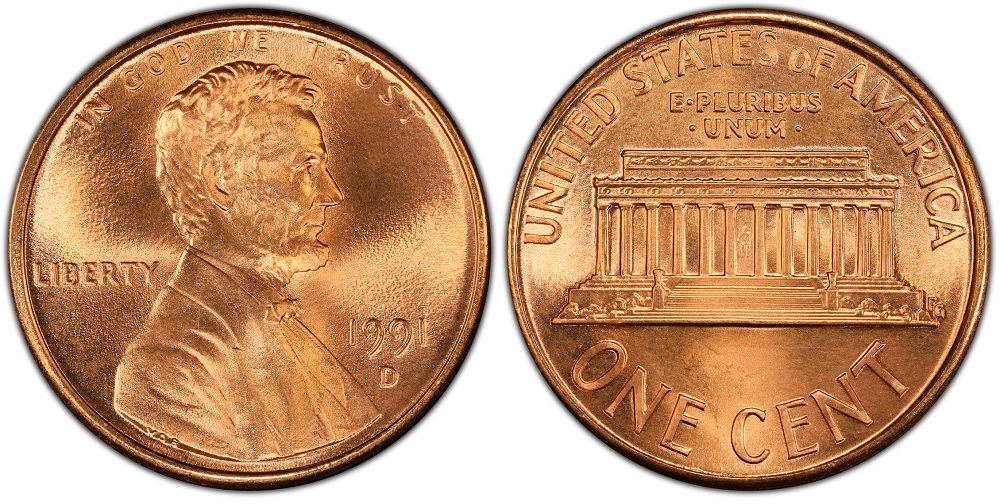 Side-by-side comparison of normal 1991-D penny reverse versus the FS-801 Doubled Die Reverse showing extra columns in the Lincoln Memorial