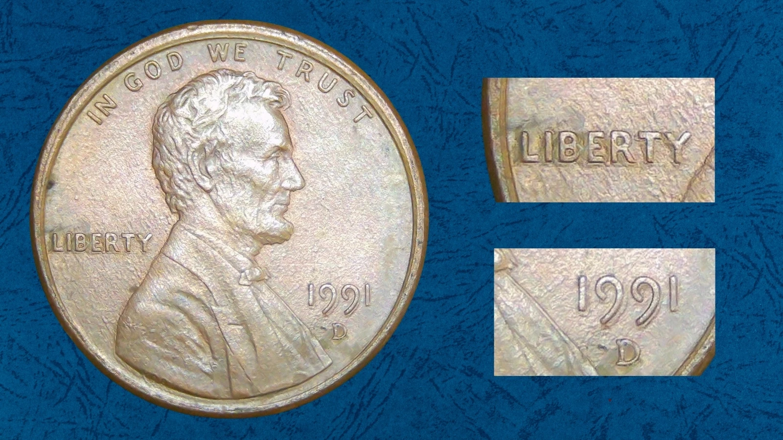 1991 Lincoln cent Doubled Die Obverse (DDO) showing doubling on LIBERTY and the date under magnification
