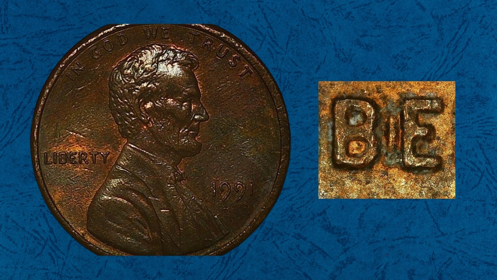 1991 Lincoln cent BIE die crack error showing a raised I-shaped crack between B and E in LIBERTY