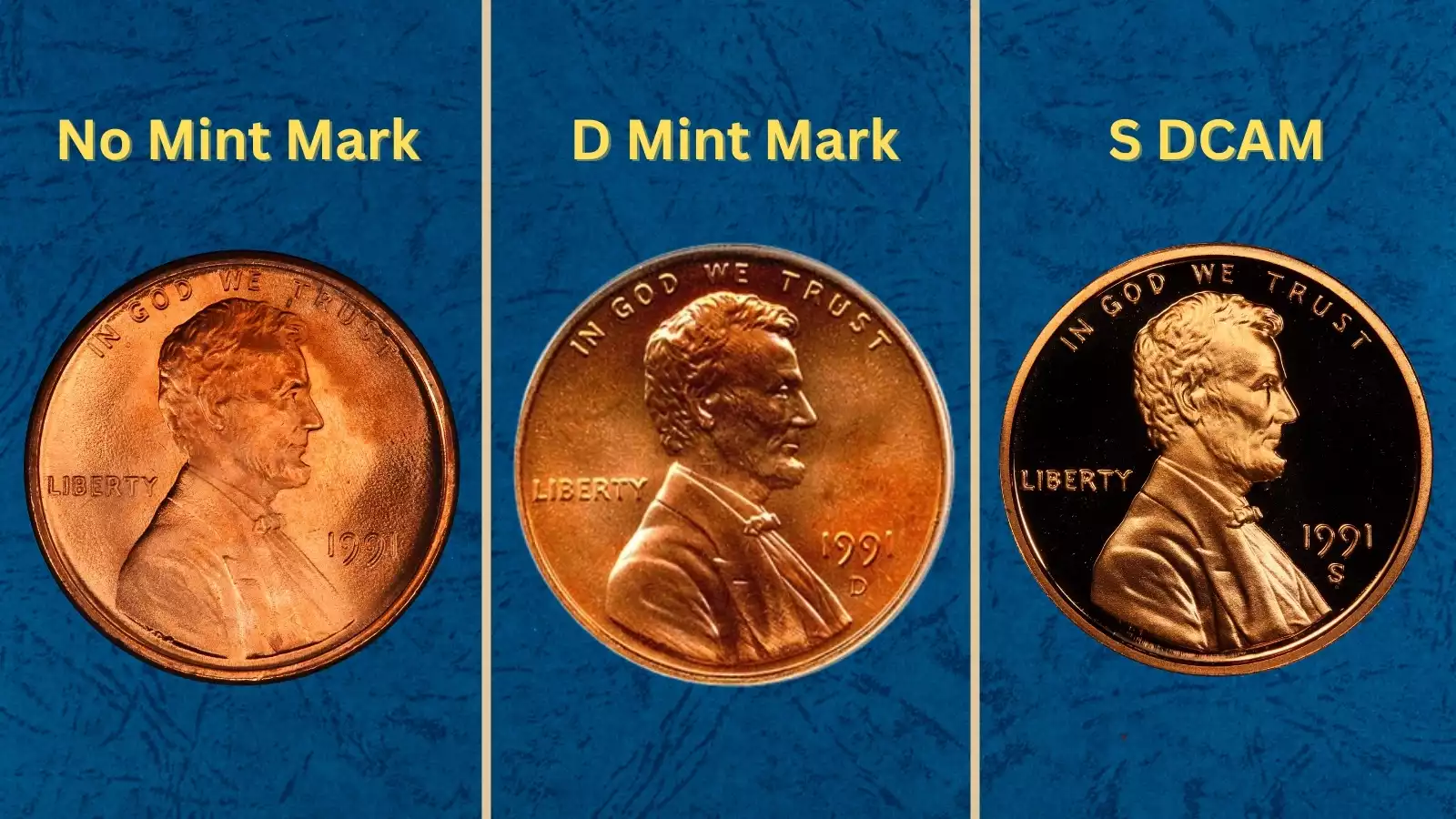 Group of 1991 Lincoln Memorial cents in various grades and conditions displayed on a collector's mat