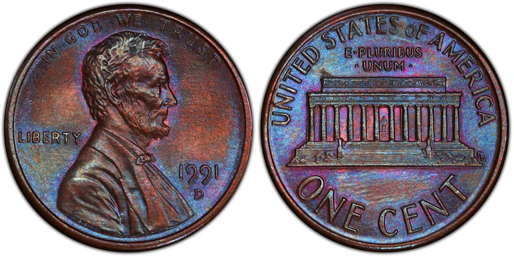 Grading strip showing four 1991 pennies from worn (Good) through Fine, Uncirculated MS65, and Gem MS68RD condition